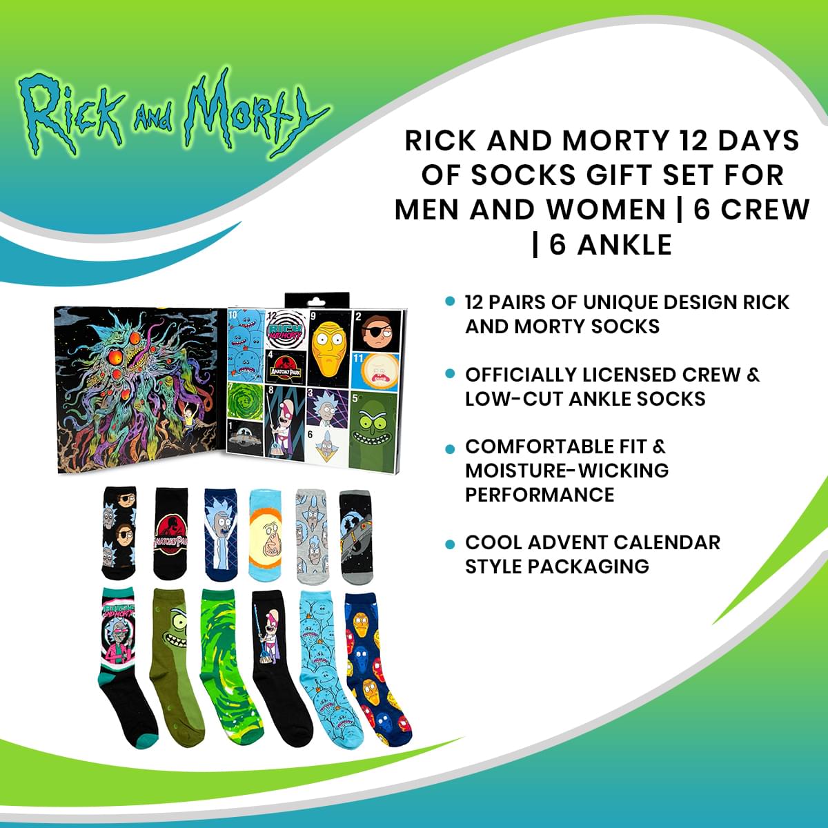 Rick and Morty 12 Days of Socks Gift Set for Men and Women | 6 Crew | 6 Ankle