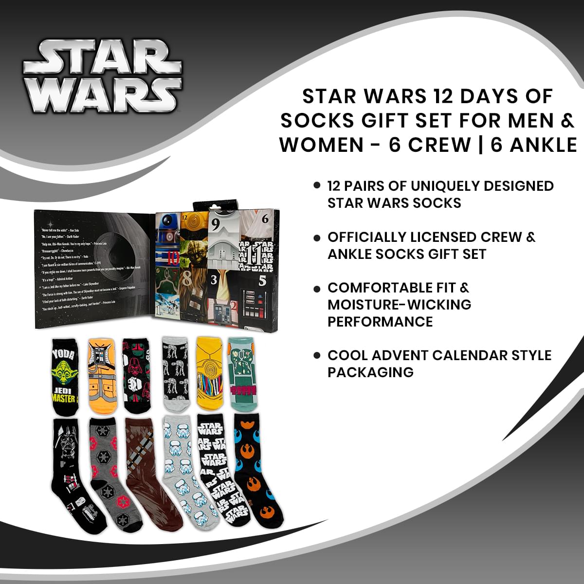 Star Wars 12 Days of Socks Gift Set for Men & Women - 6 Crew | 6 Ankle