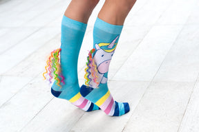 Blue Unicorn with 3D Rainbow Mane Novelty Crew Socks for Men & Women - 1 Pair