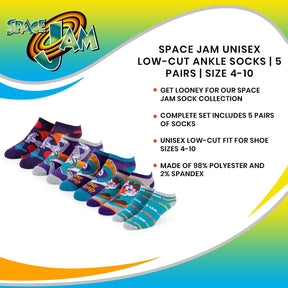 Space Jam Unisex Low-Cut Ankle Socks | 5 Pairs | Size 4-10