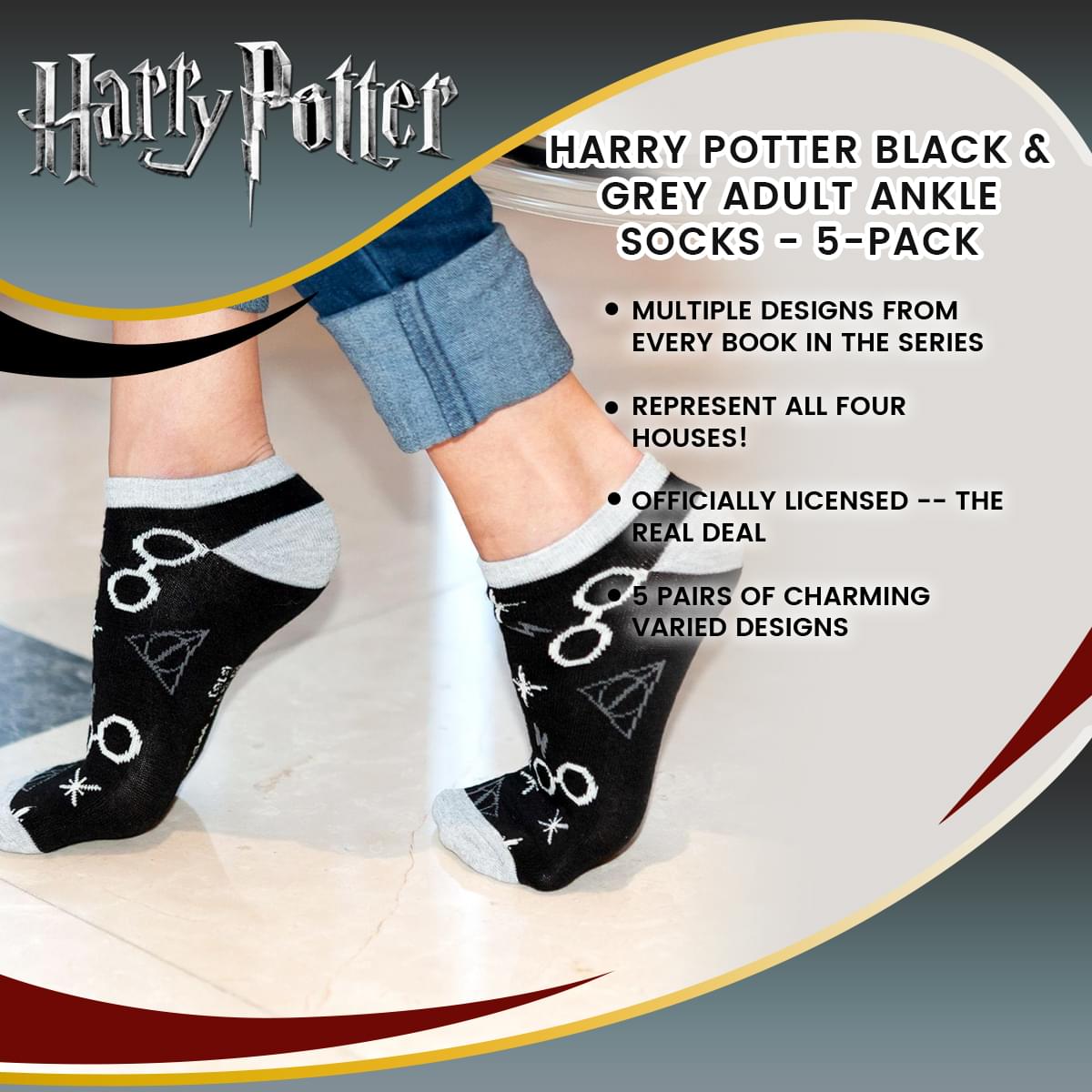 Harry Potter Black & Grey Adult Ankle Socks - 5-Pack
