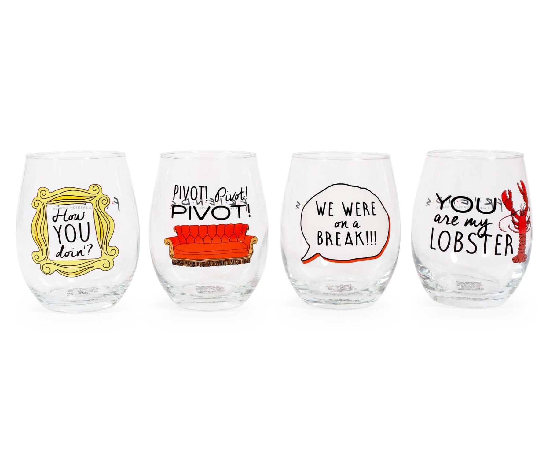 Friends Iconic Quotes 21-Ounce Stemless Wine Glasses | Set of 4