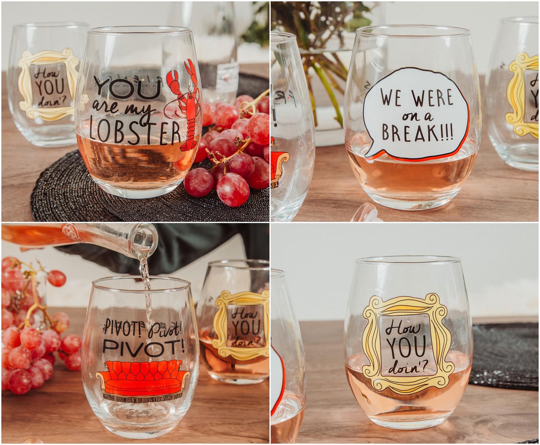 Friends Iconic Quotes 21-Ounce Stemless Wine Glasses | Set of 4