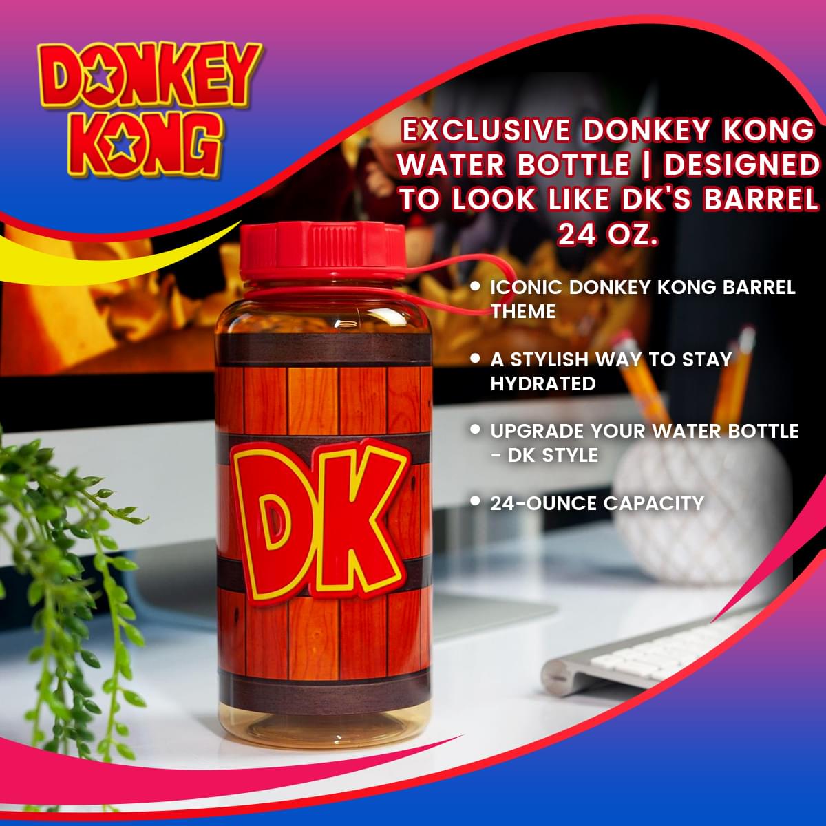 EXCLUSIVE Donkey Kong Water Bottle | Designed to Look Like DK's Barrel | 24 Oz.