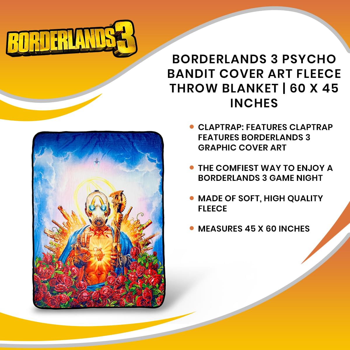 Borderlands 3 Psycho Bandit Cover Art Fleece Throw Blanket | 60 x 45 Inches