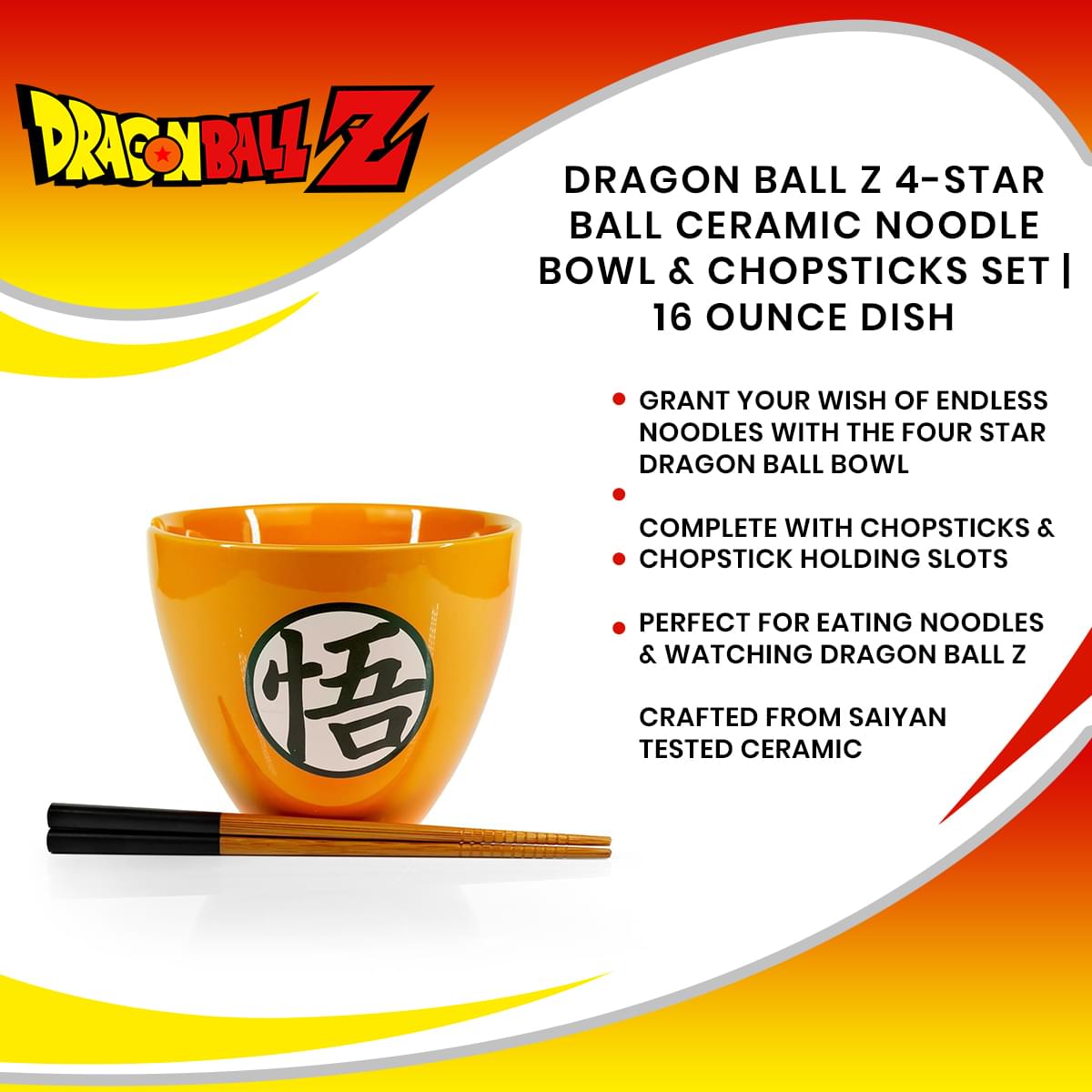 Dragon Ball Z 4-Star Ball Ceramic Noodle Bowl & Chopsticks Set | 16 Ounce Dish