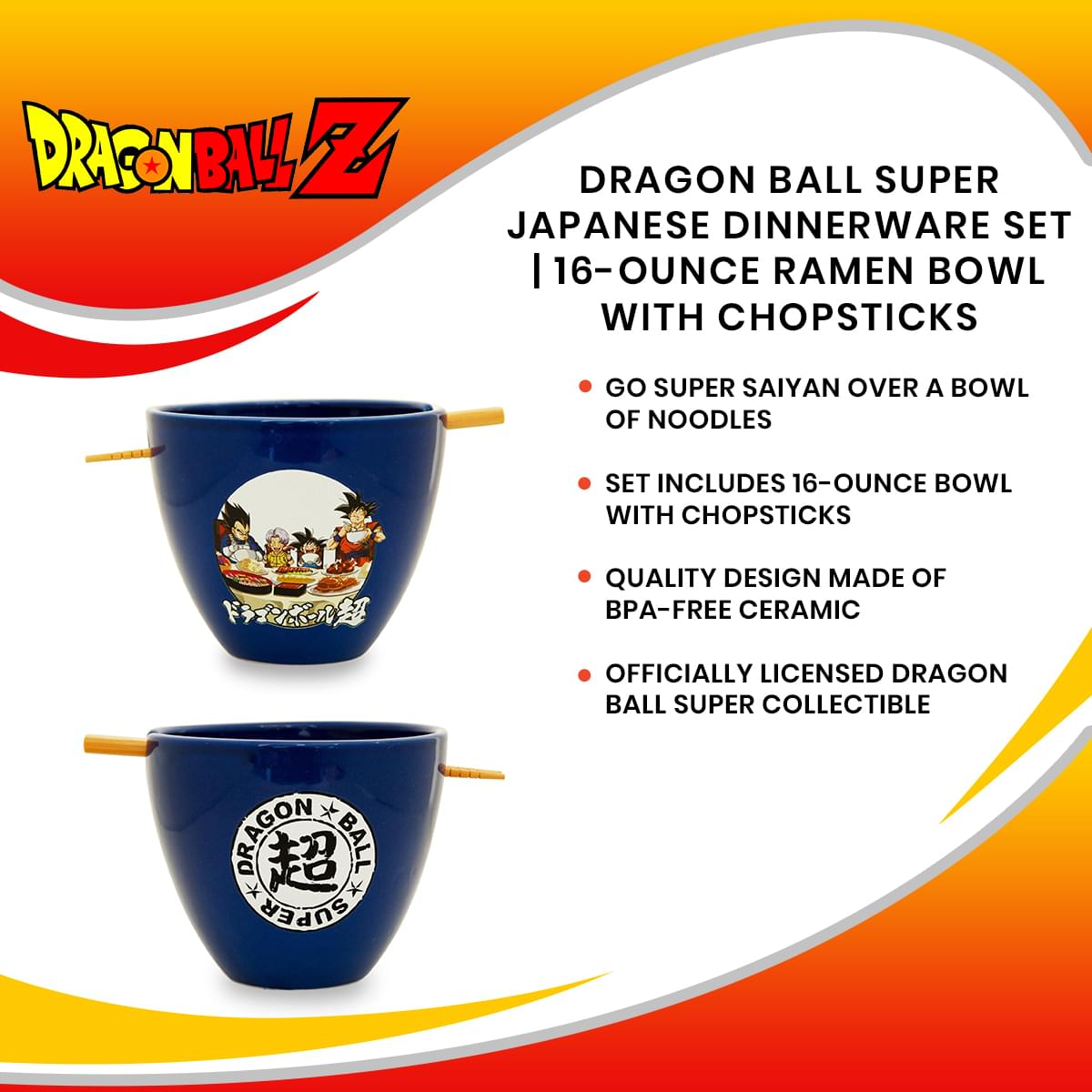 Dragon Ball Super Japanese Dinnerware Set | 16-Ounce Ramen Bowl with Chopsticks
