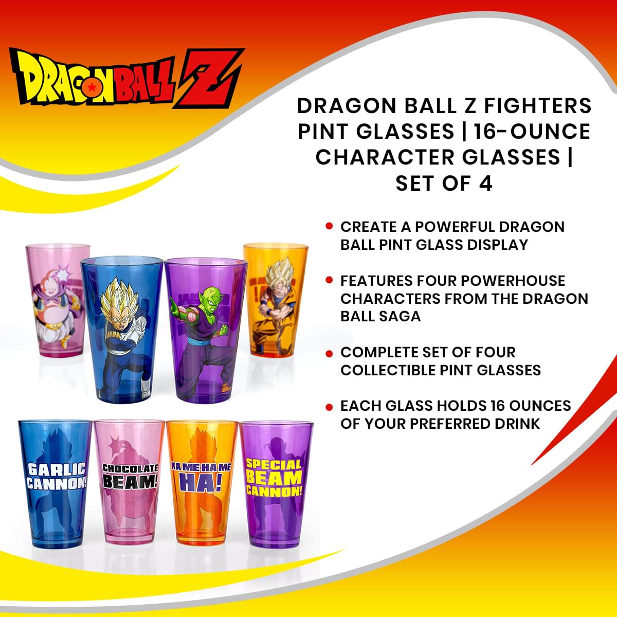 Dragon Ball Z Fighters Pint Glasses | 16-Ounce Character Glasses | Set of 4