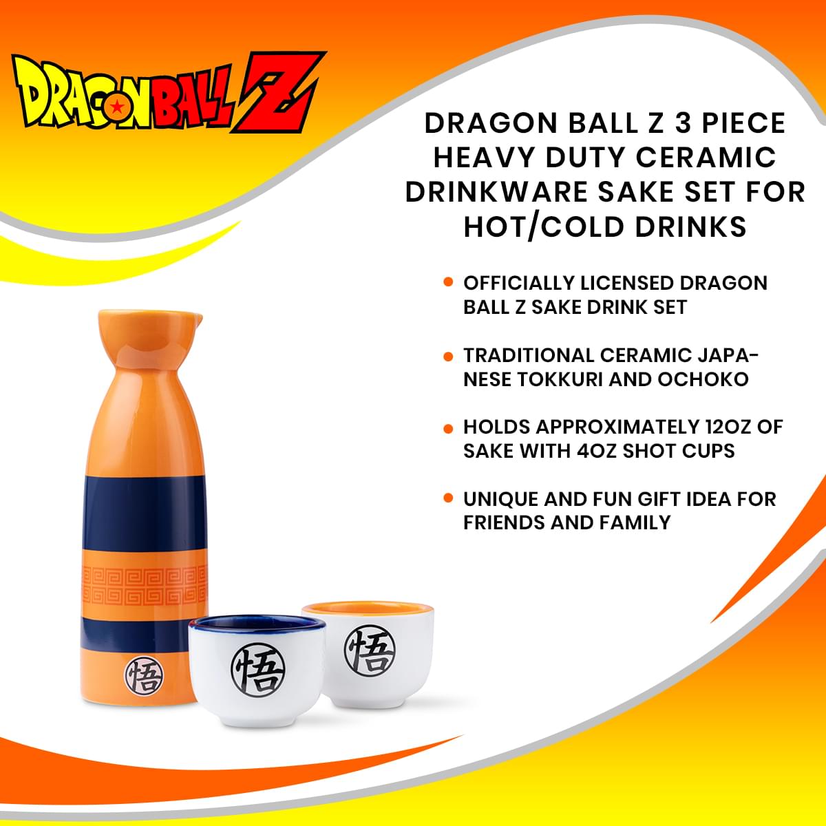 Dragon Ball Z 3 Piece Heavy Duty Ceramic Drinkware Sake Set For Hot/Cold Drinks