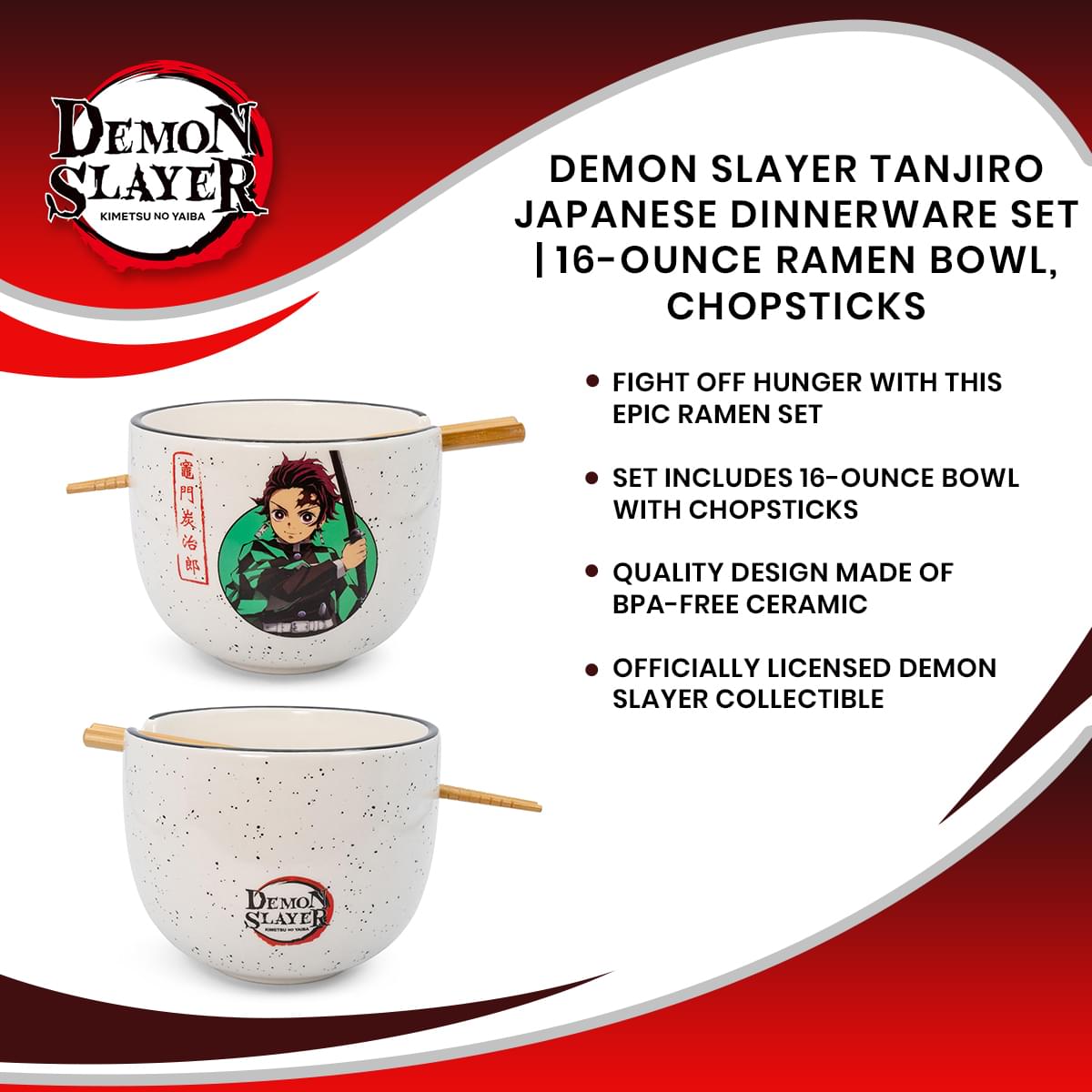 Demon Slayer Tanjiro Japanese Dinnerware Set | 16-Ounce Ramen Bowl, Chopsticks