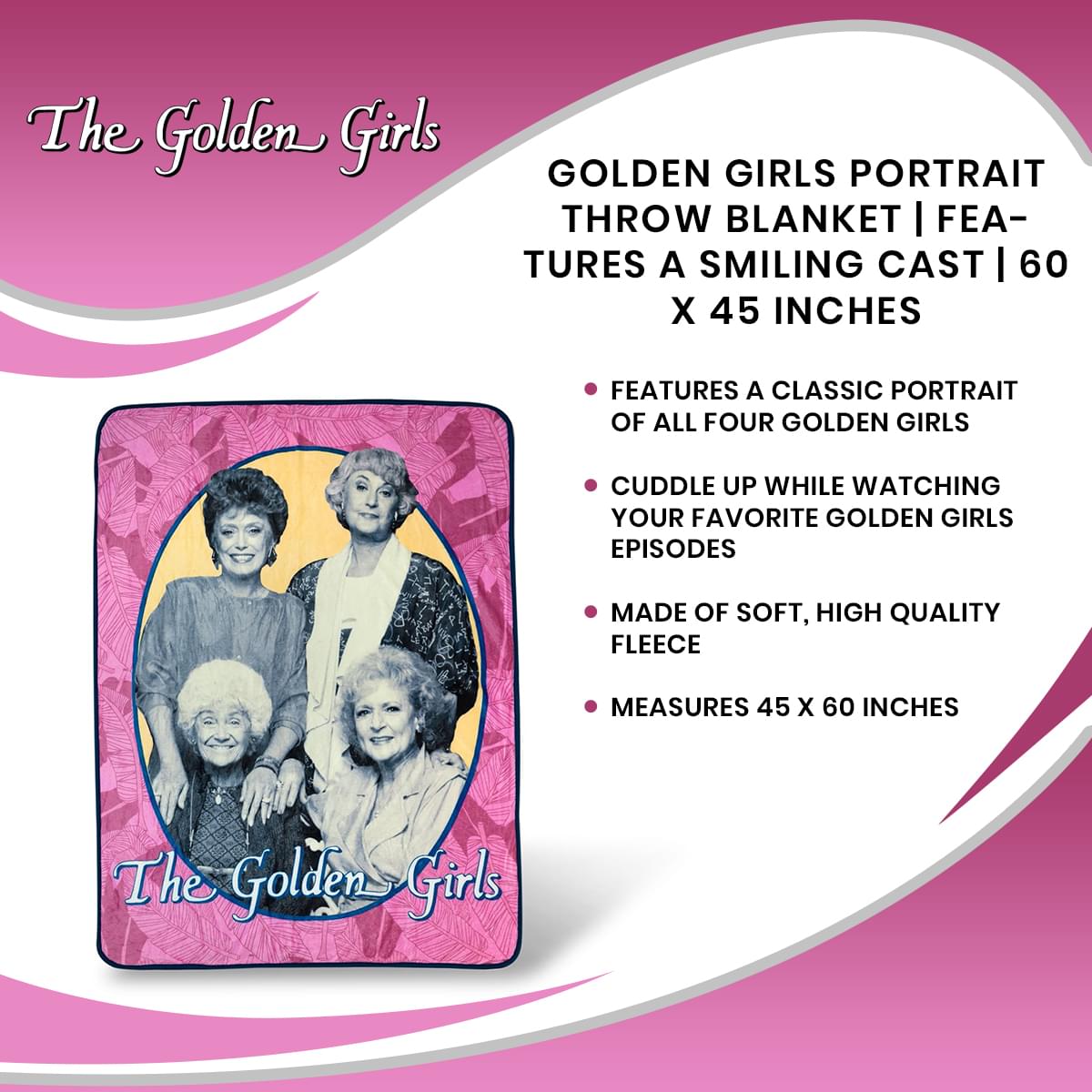 Golden Girls Portrait Throw Blanket | Features A Smiling Cast | 60 x 45 Inches