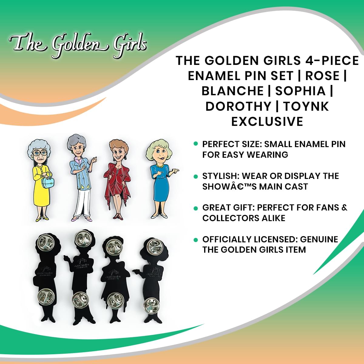 The Golden Girls 4-Piece Enamel Pin Set | Rose | Blanche | Sophia | Dorothy | Toynk Exclusive