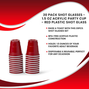 20 Pack Shot Glasses - 1.5 oz Acrylic Party Cup - Red Plastic Shot Glass