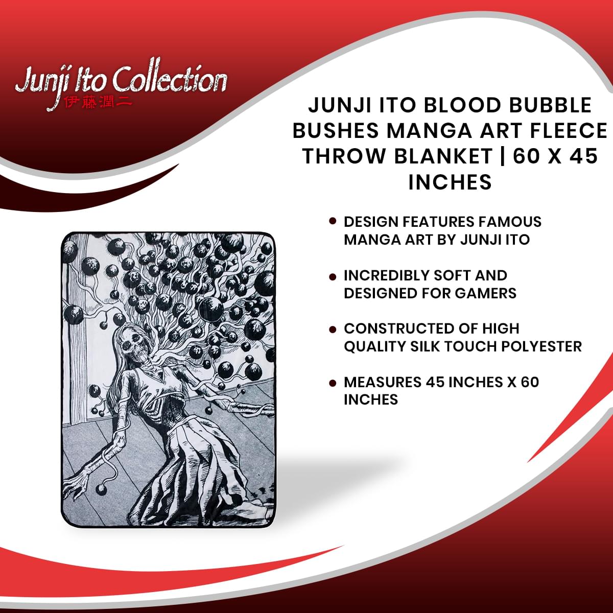 Junji Ito Blood Bubble Bushes Manga Art Fleece Throw Blanket | 60 x 45 Inches