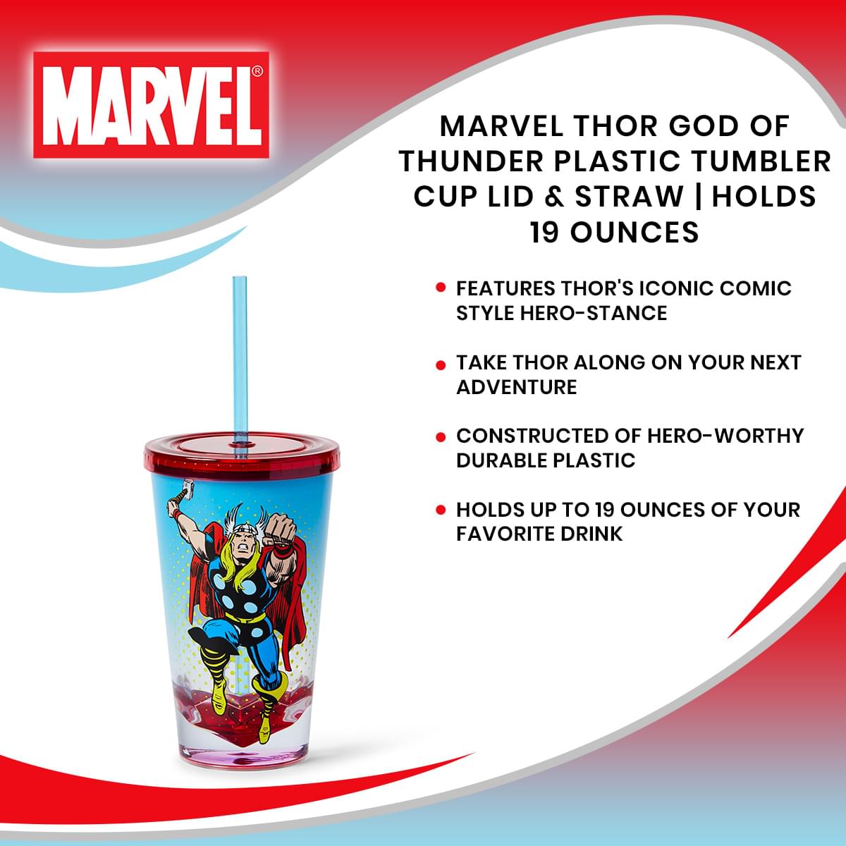 Marvel Thor God Of Thunder Plastic Tumbler Cup Lid & Straw | Holds 19 Ounces