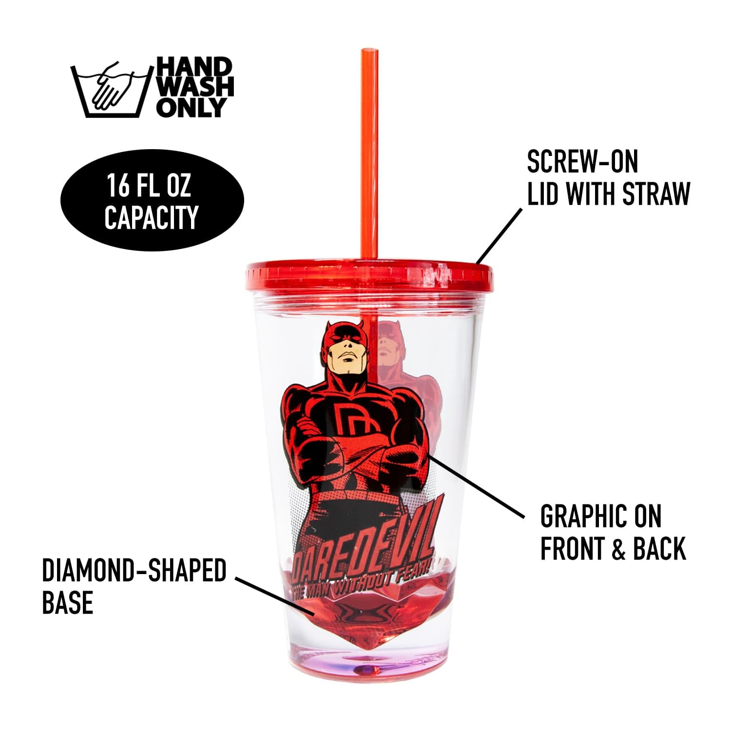 OFFICIAL Daredevil Reusable Tumbler With Straw | Feat. Dardevil's Hero Pose | Holds 18 OZ