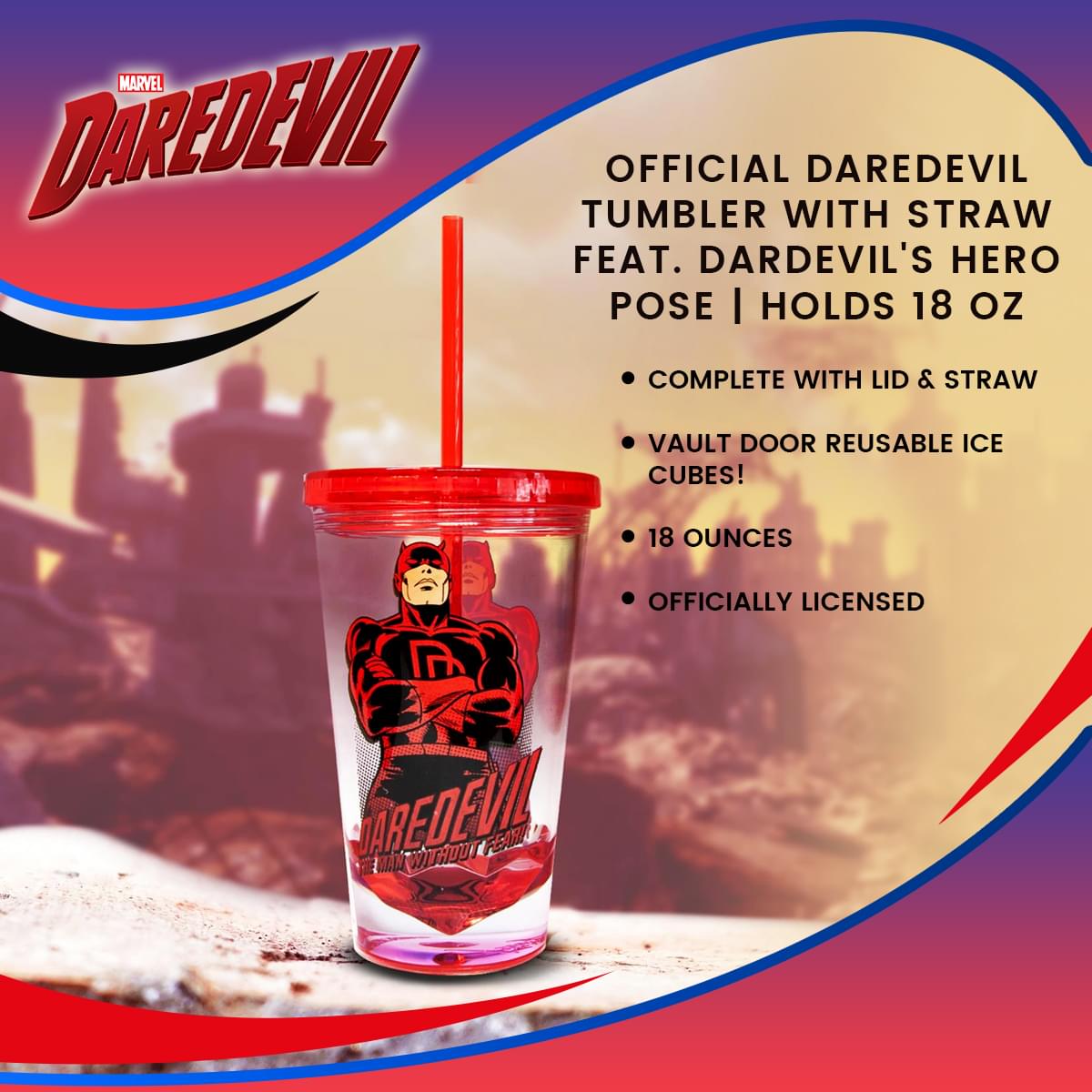 OFFICIAL Daredevil Reusable Tumbler With Straw | Feat. Dardevil's Hero Pose | Holds 18 OZ