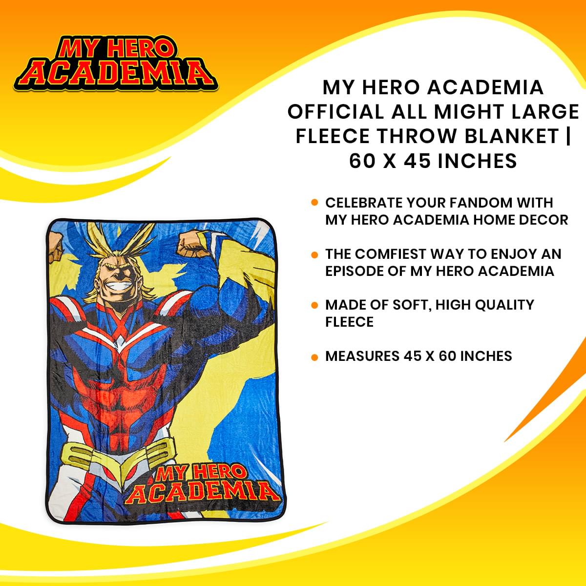 My Hero Academia Official All Might Large Fleece Throw Blanket | 60 x 45 Inches