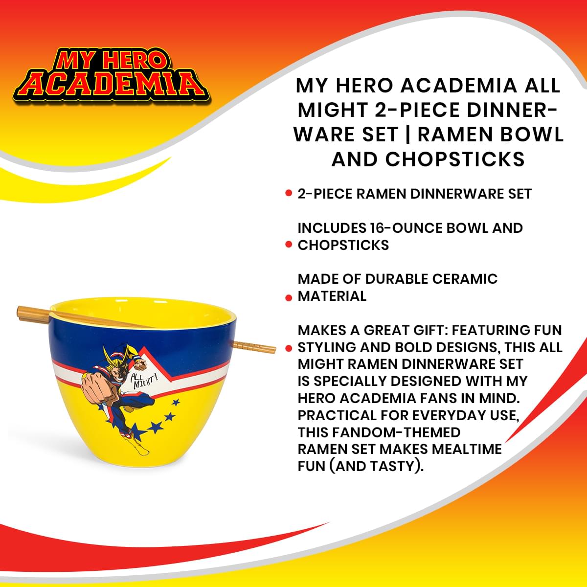 My Hero Academia All Might Dinnerware Set | 16-Ounce Ramen Bowl and Chopsticks