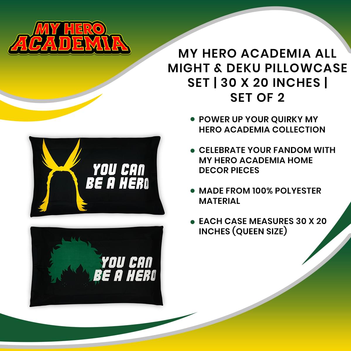 My Hero Academia All Might & Deku Pillowcase Set | 30 x 20 Inches | Set of 2