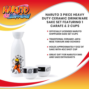 Naruto 3 Piece Heavy Duty Ceramic Drinkware Sake Set Featuring 1 Carafe & 2 Cups