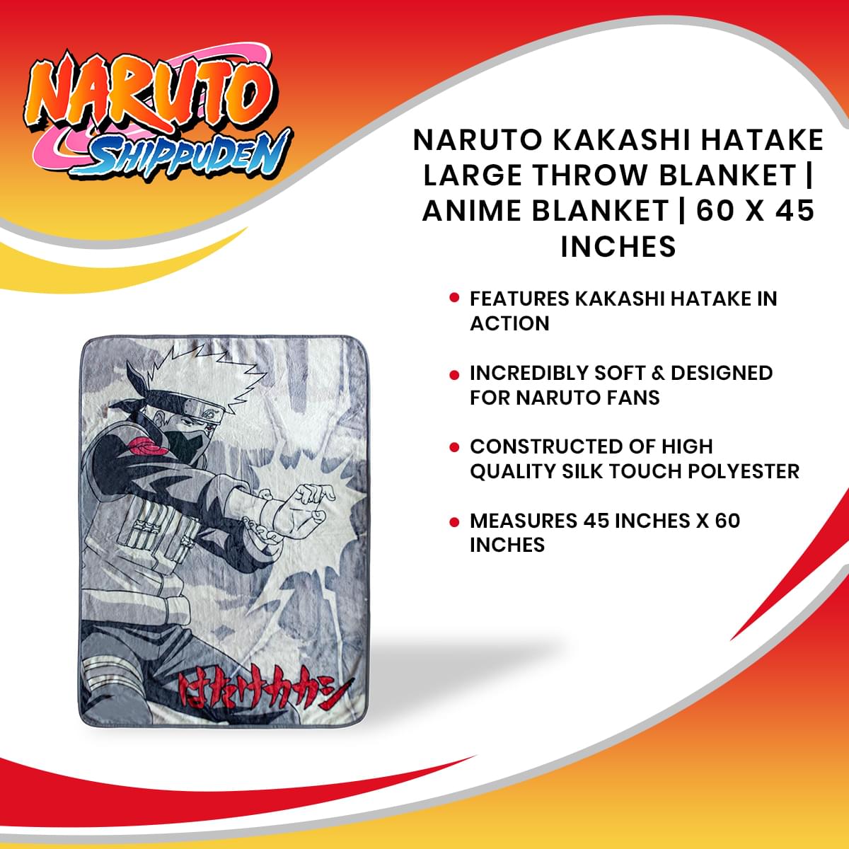 Naruto Kakashi Hatake Large Throw Blanket | Anime Blanket | 60 x 45 Inches