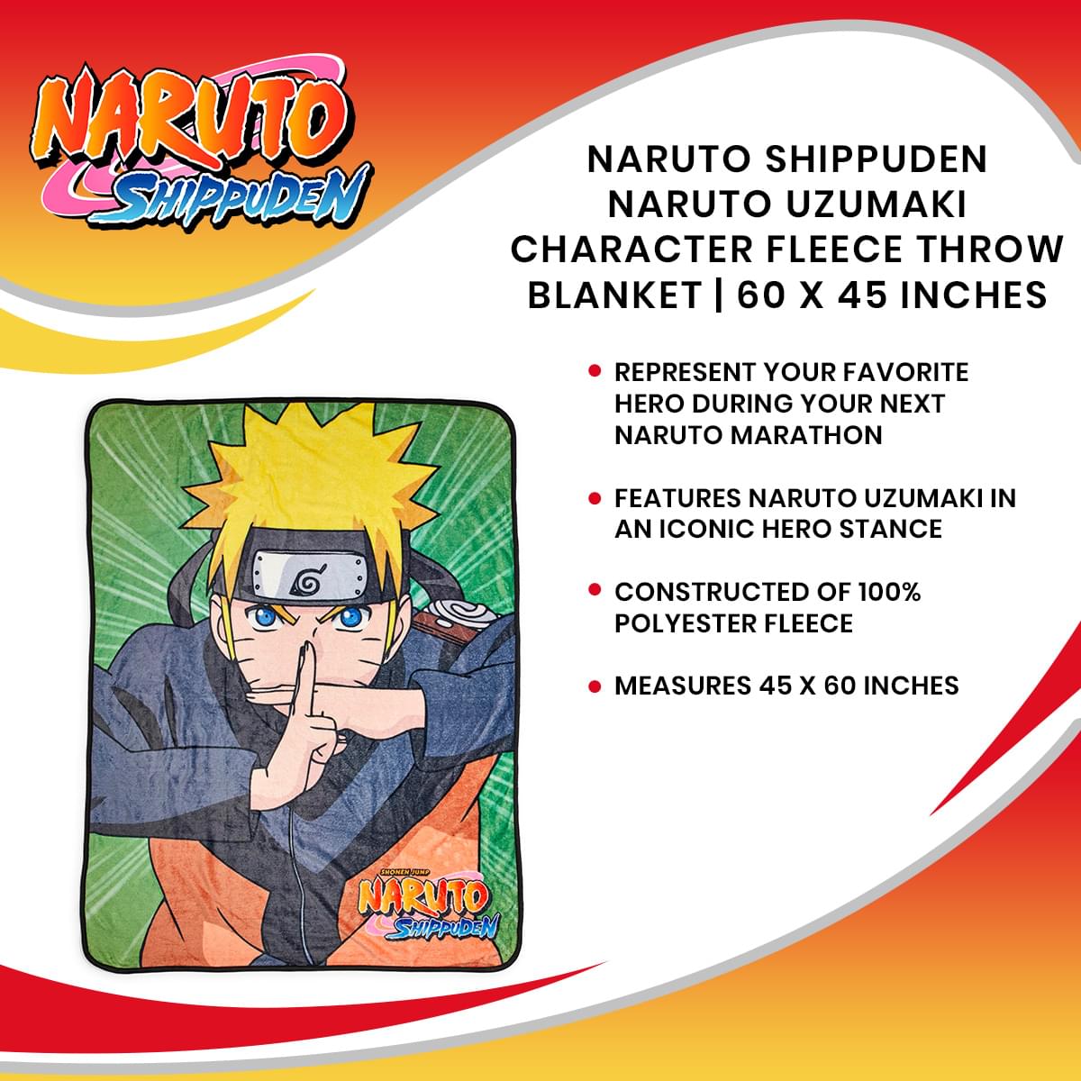 Naruto Shippuden Naruto Uzumaki Character Fleece Throw Blanket | 60 x 45 Inches