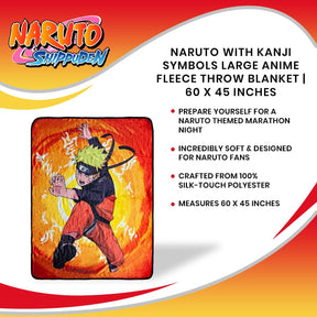 Naruto With Kanji Symbols Large Anime Fleece Throw Blanket | 60 x 45 Inches