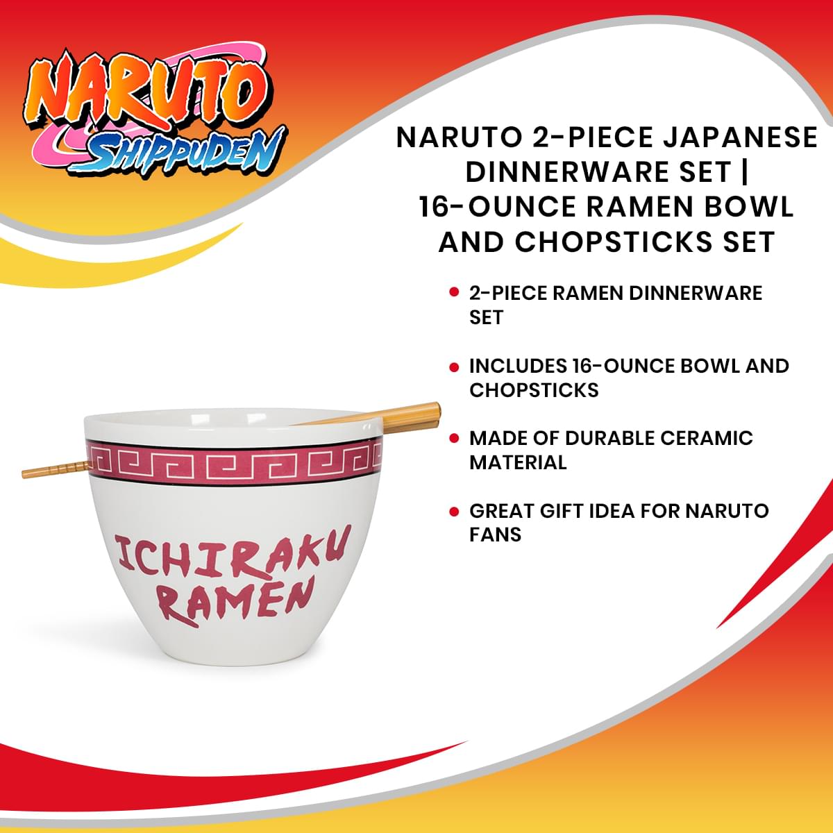 Naruto Japanese Dinnerware Set | 16-Ounce Ramen Bowl and Chopsticks Set