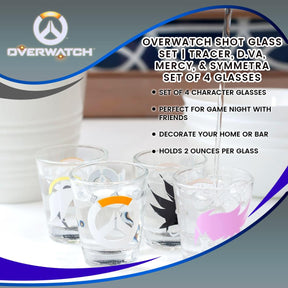Overwatch Shot Glass Set | Tracer, D.Va, Mercy, & Symmetra | Set Of 4 Glasses