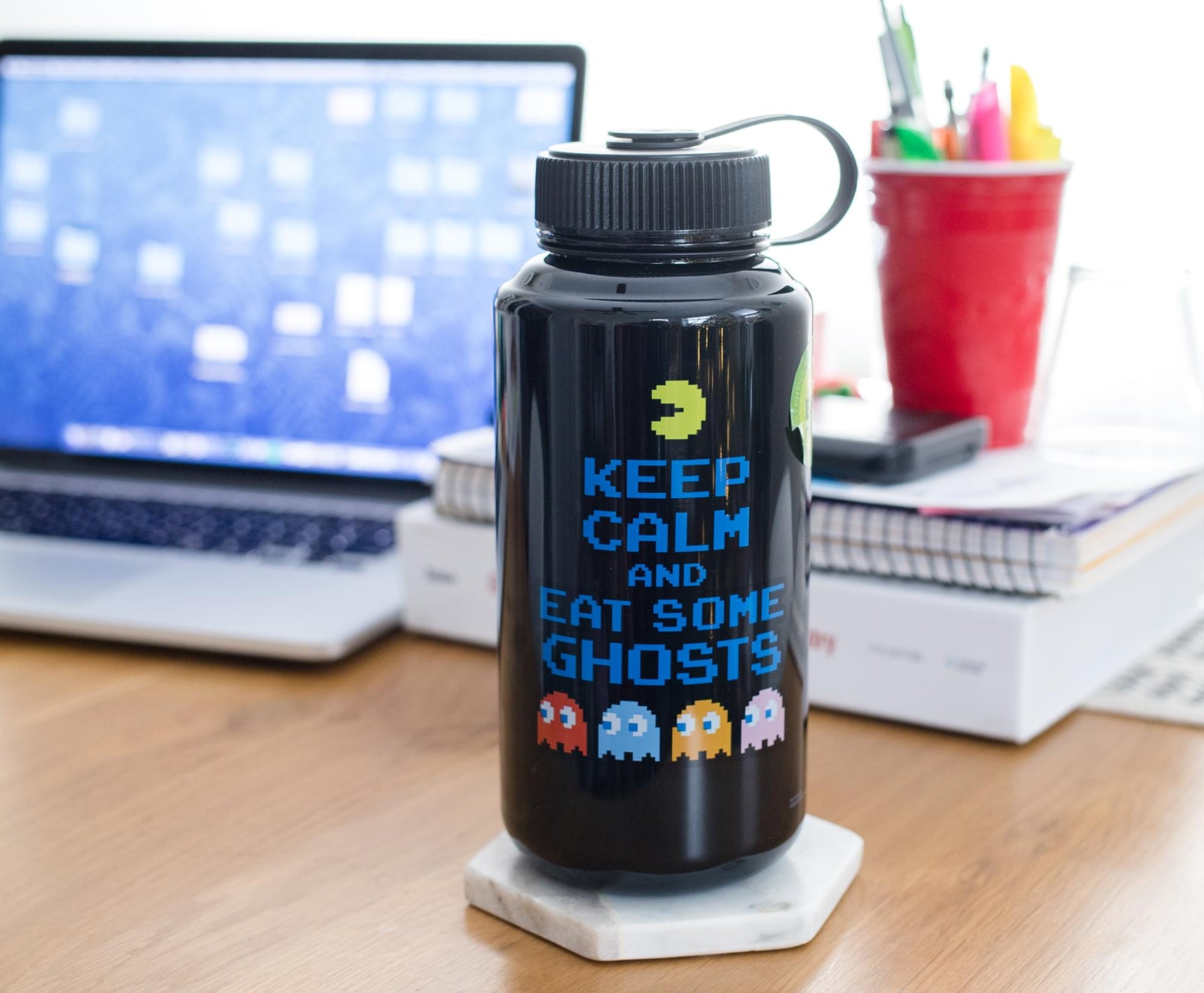 Pac-Man "Keep Calm and Eat Some Ghosts" Plastic Water Bottle | Holds 32 Ounces
