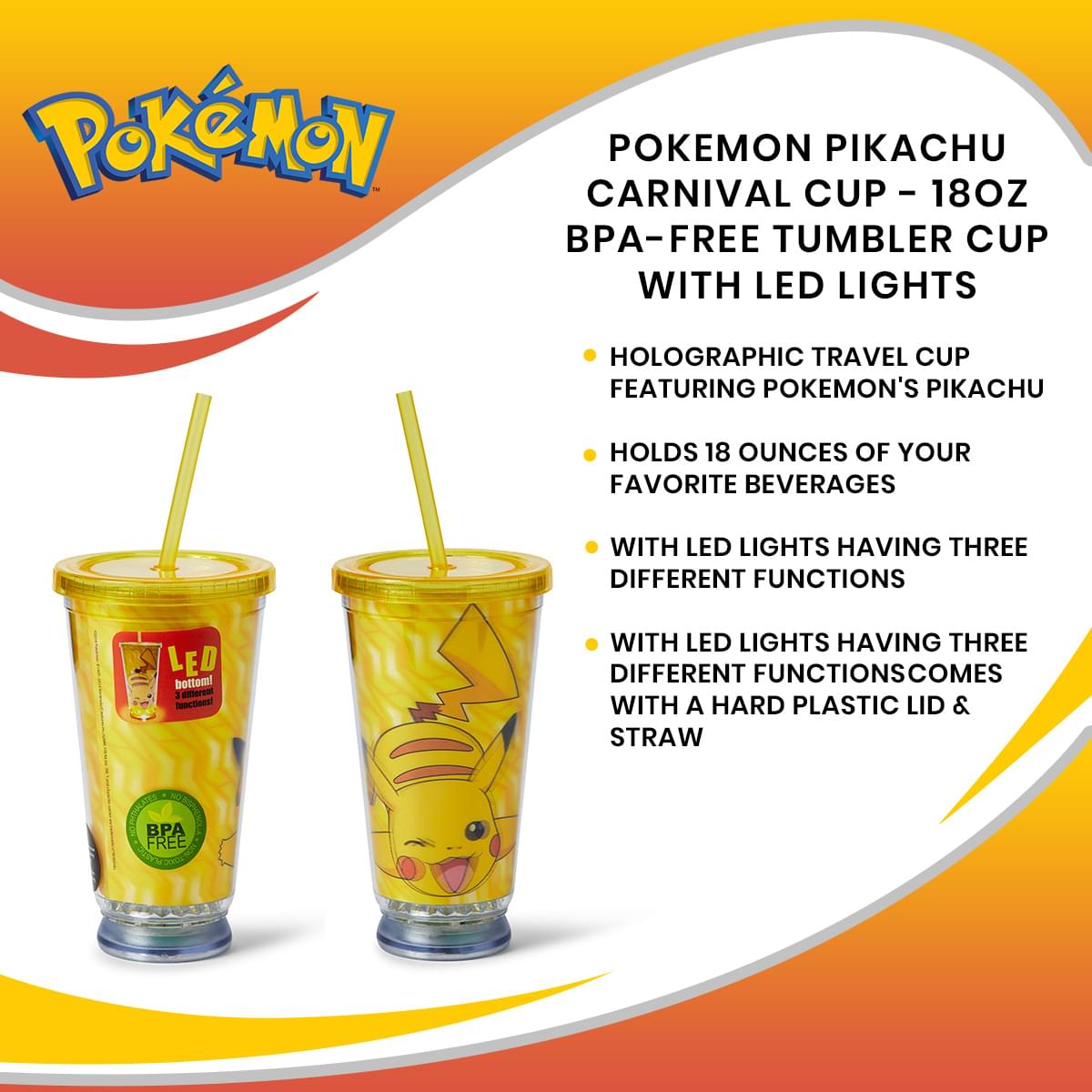 Pokemon Pikachu Carnival Cup - 18oz BPA-free Tumbler Cup with LED Lights