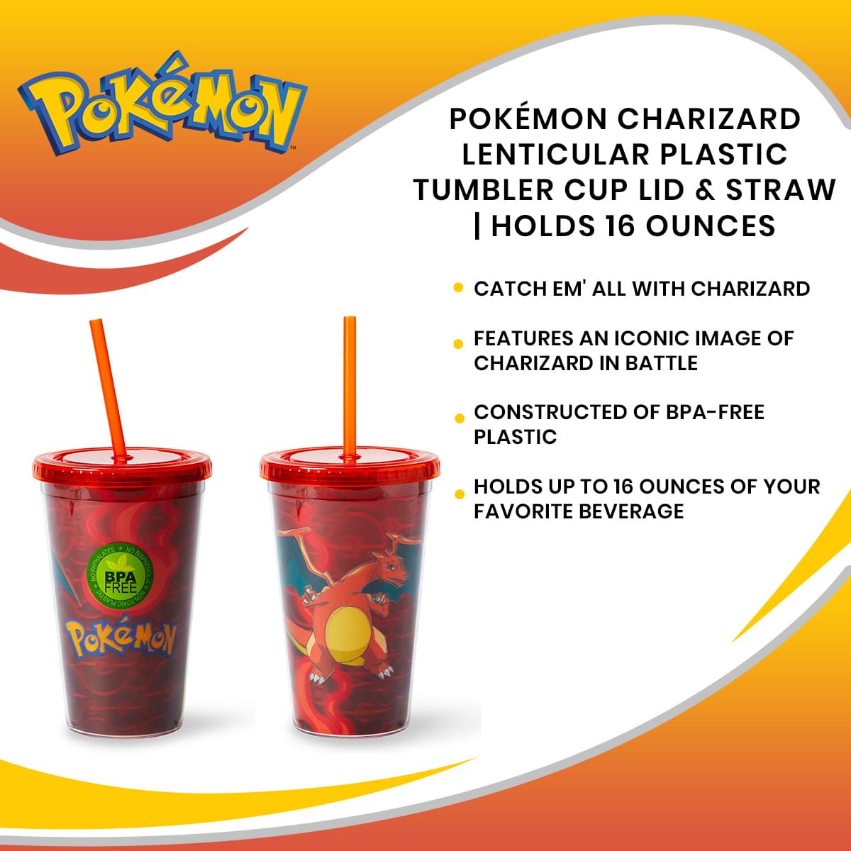 Pokémon Charizard Lenticular Plastic Tumbler Cup Lid & Straw | Holds 16 Ounces