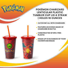Pokémon Charizard Lenticular Plastic Tumbler Cup Lid & Straw | Holds 16 Ounces