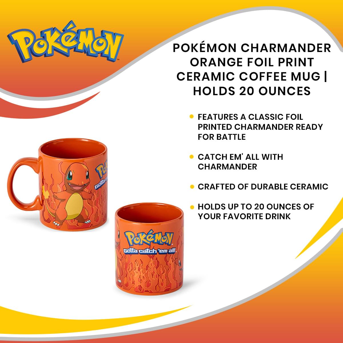 Pokémon Charmander Orange Foil Print Ceramic Coffee Mug | Holds 20 Ounces