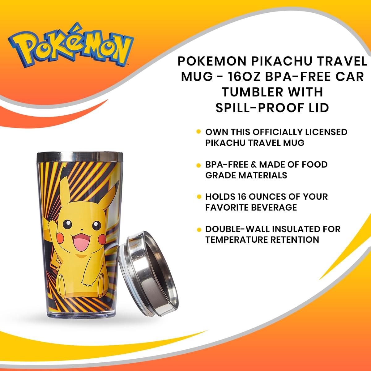 Pokemon Pikachu Travel Mug - 16oz BPA-Free Car Tumbler with Spill-Proof Lid
