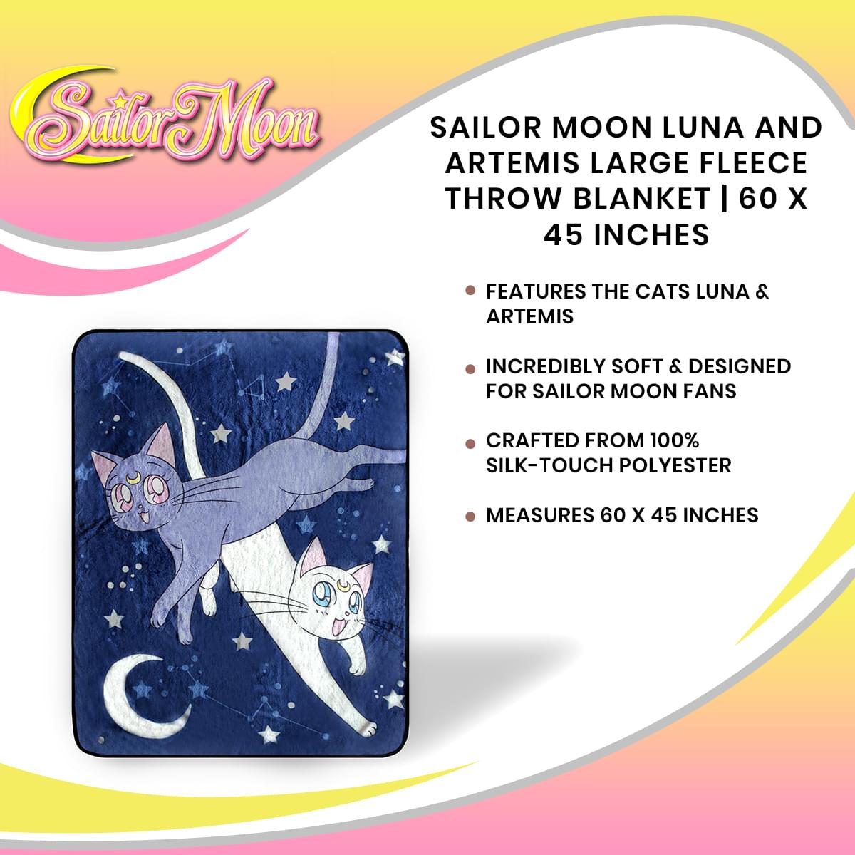 Sailor Moon Luna And Artemis Large Fleece Throw Blanket | 60 x 45 Inches