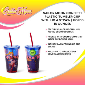 Sailor Moon Confetti Plastic Tumbler Cup With Lid & Straw | Holds 16 Ounces