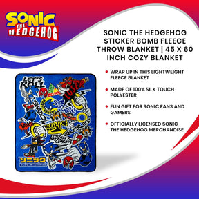 Sonic The Hedgehog Sticker Bomb Fleece Throw Blanket | 45 x 60 Inch Cozy Blanket