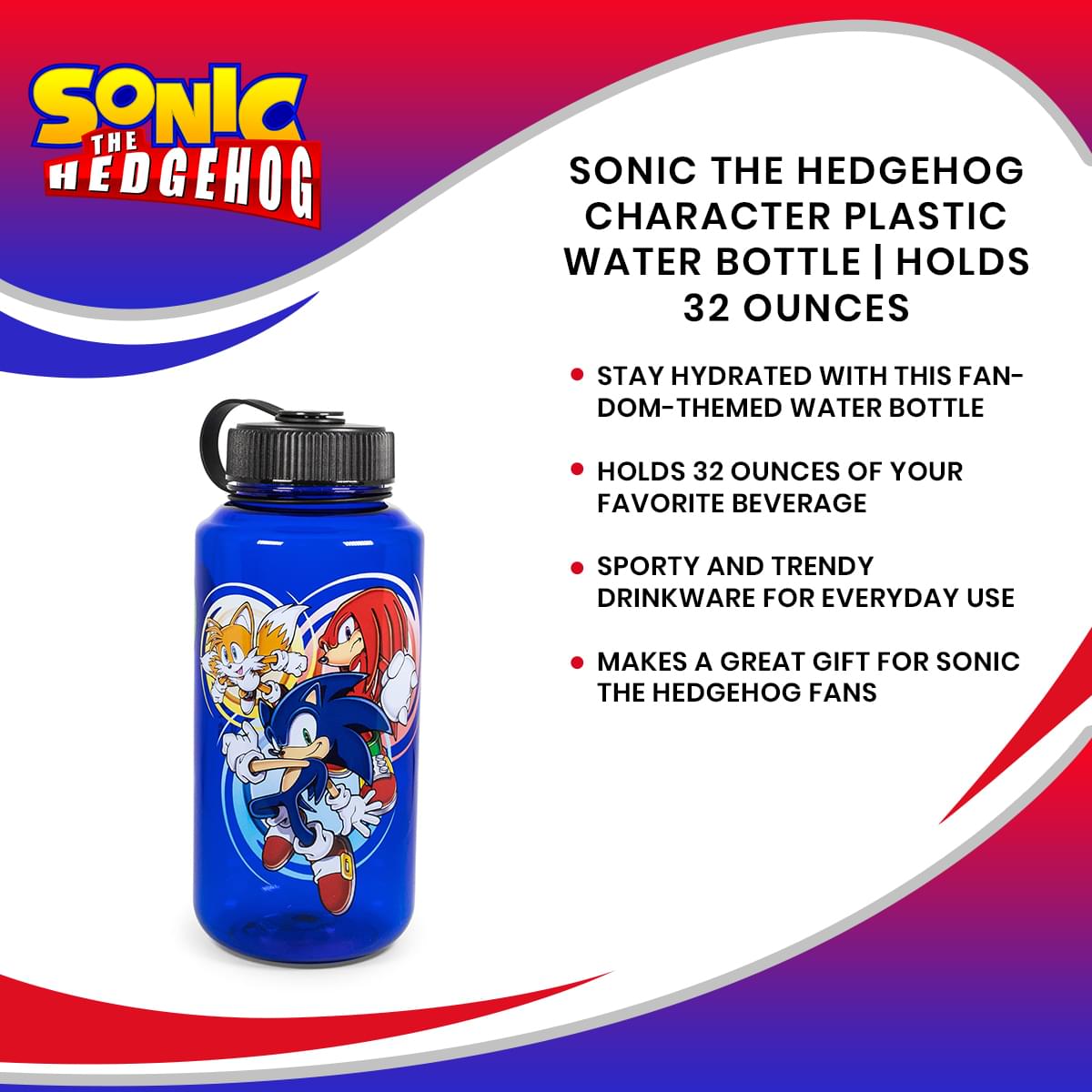 Sonic The Hedgehog Character Plastic Water Bottle | Holds 32 Ounces