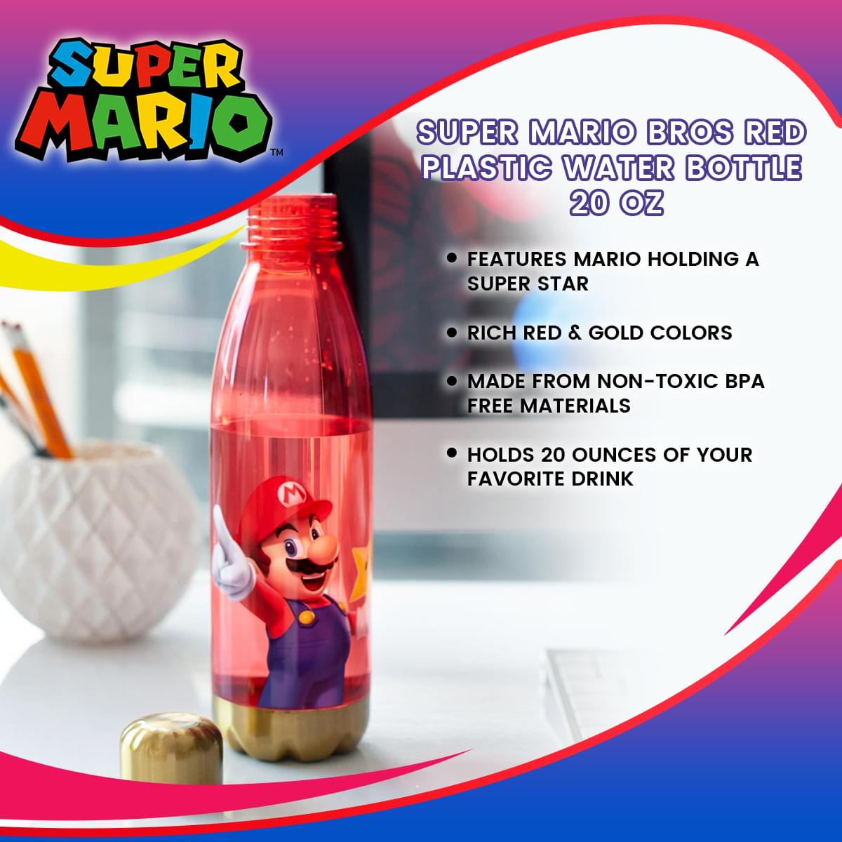 Super Mario Bros Red Plastic Water Bottle 20 oz