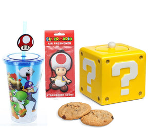 Super Mario Fan Bundle: Question Block Cookie Jar, Toad Air Freshener, Travel Cup