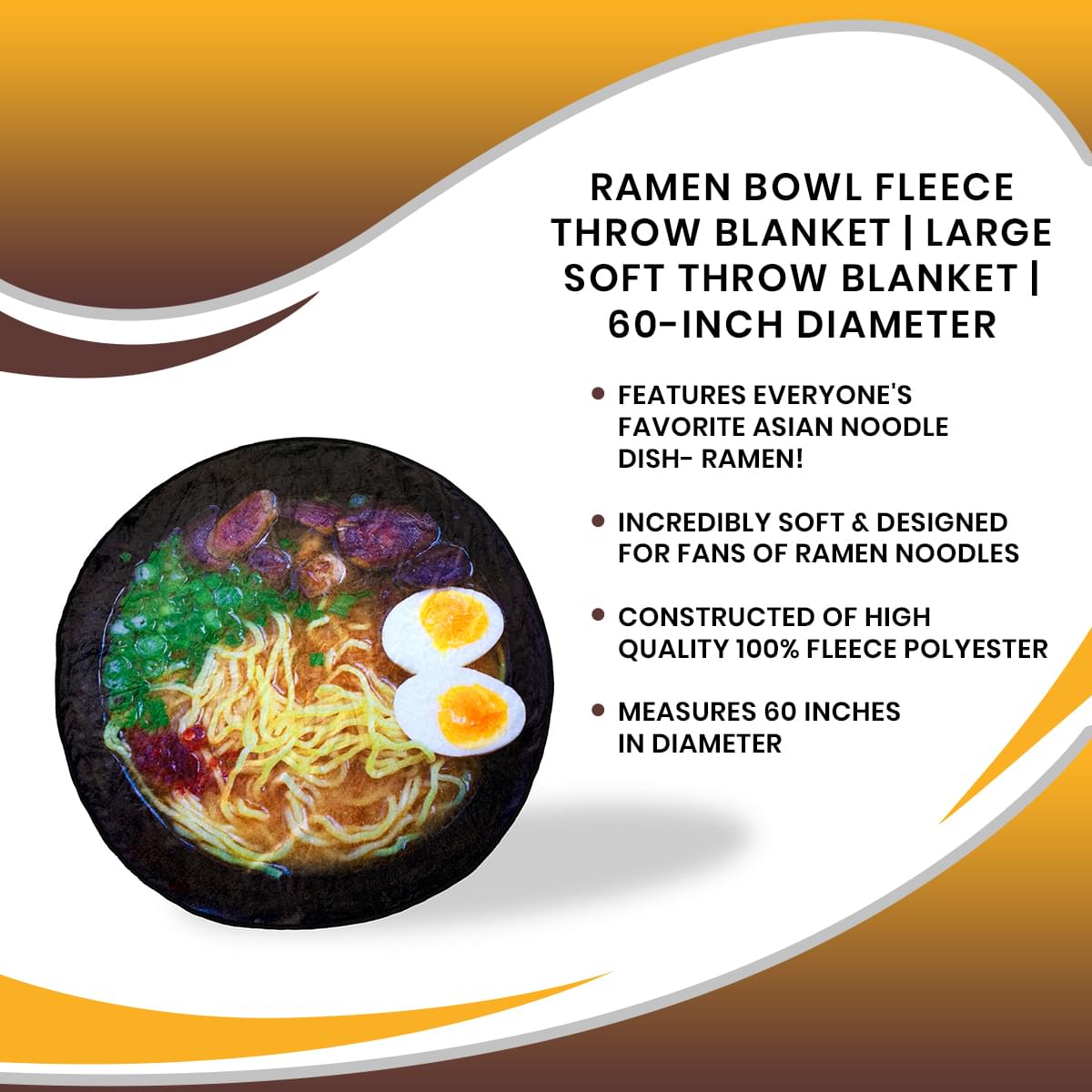 Ramen Bowl Fleece Throw Blanket | Large Soft Throw Blanket | 60-Inch Diameter