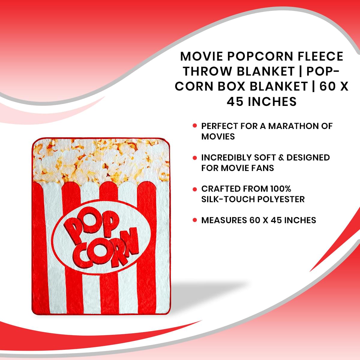Movie Popcorn Fleece Throw Blanket | Popcorn Box Blanket | 60 x 45 Inches