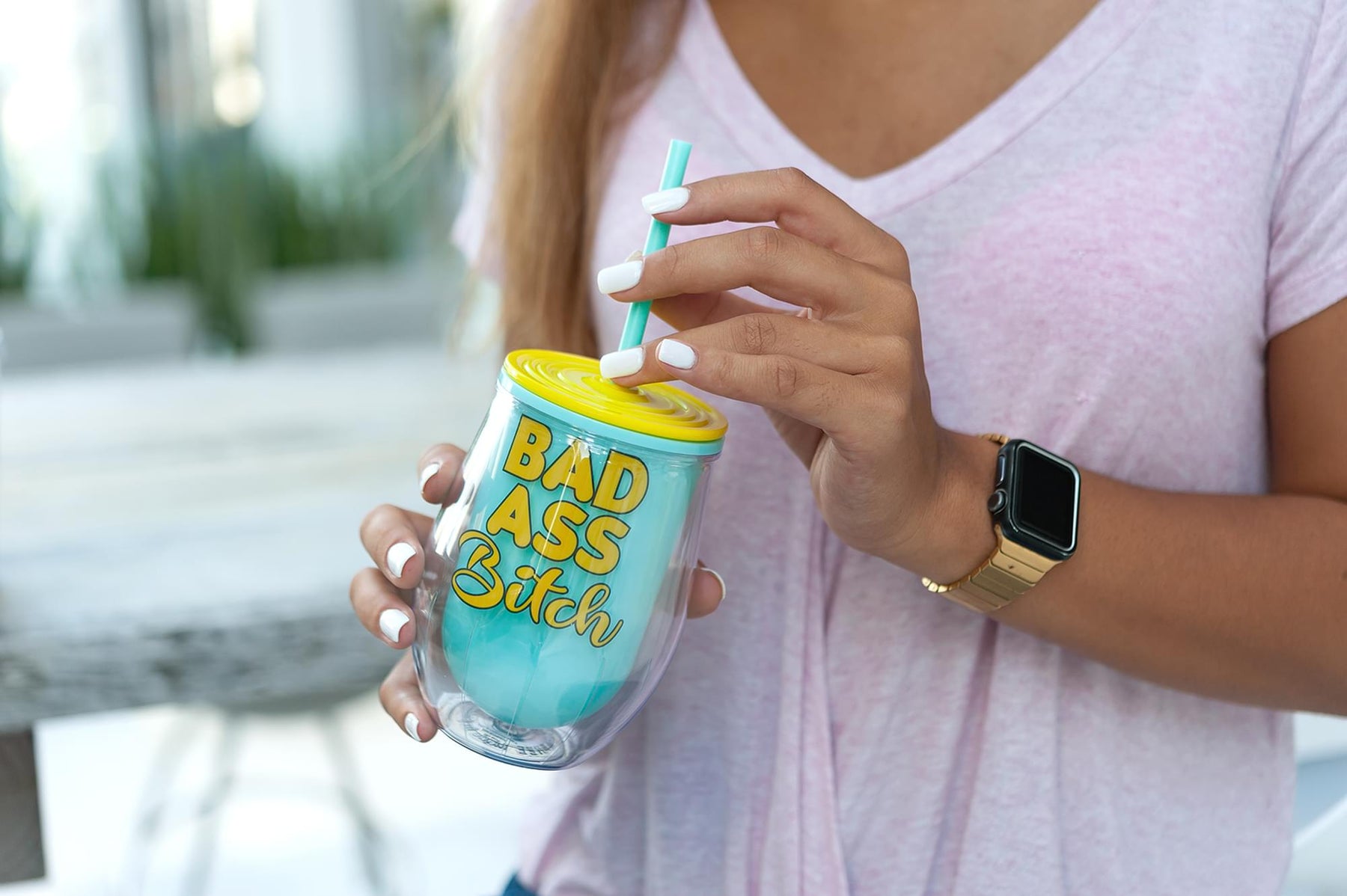 Bad Ass Bitch Reusable Plastic Wine Tumbler Cup With Lid & Straw | Holds 12 Ounces