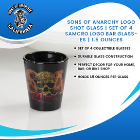 Sons Of Anarchy Logo Shot Glass | Set Of 4 SAMCRO Logo Bar Glasses | 1.5 Ounces
