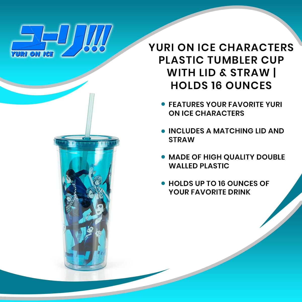 Yuri On Ice Characters Plastic Tumbler Cup With Lid & Straw | Holds 16 Ounces