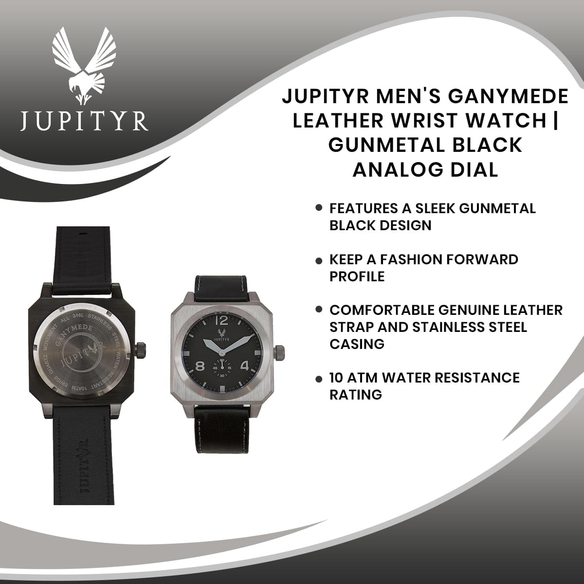 JUPITYR Men's Ganymede Leather Wrist Watch | Gunmetal Black Analog Dial