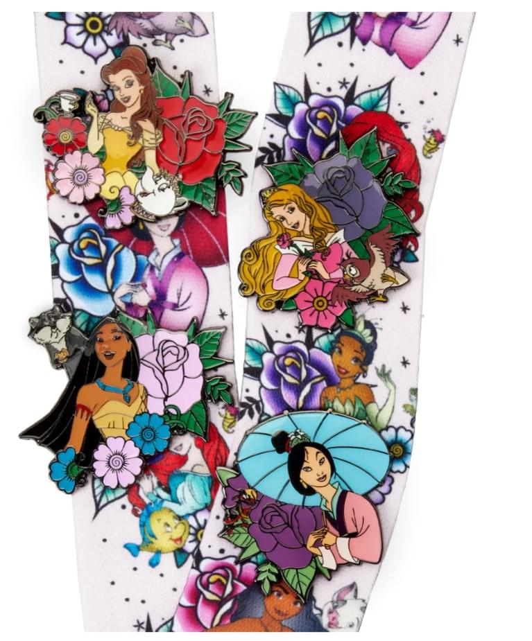 Disney Princess Floral Tattoo Lanyard with Card Holder and 4 Pins