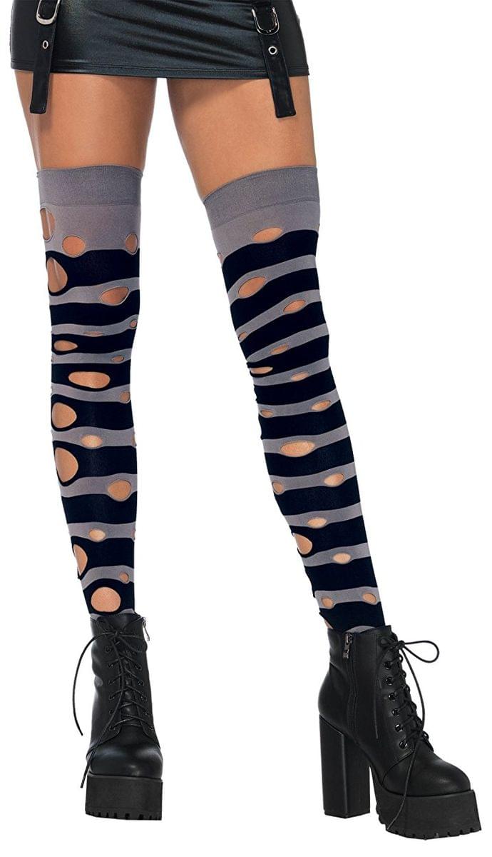 Distressed Opaque Striped Thigh Hi Women's Costume Hosiery